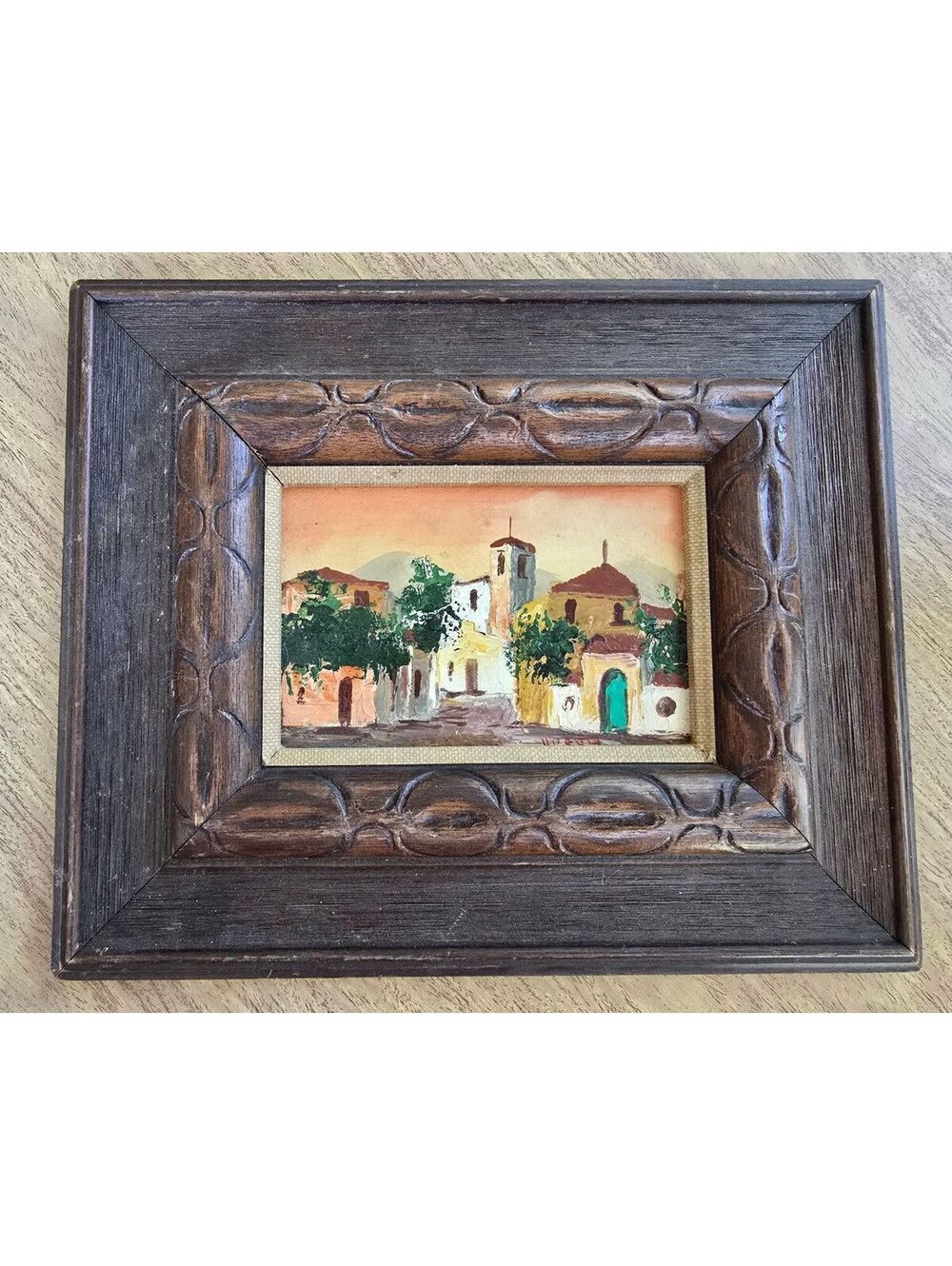 Miniature Oil Painting Mediterranean Street Scene & Carved Brutalist Wood Frame